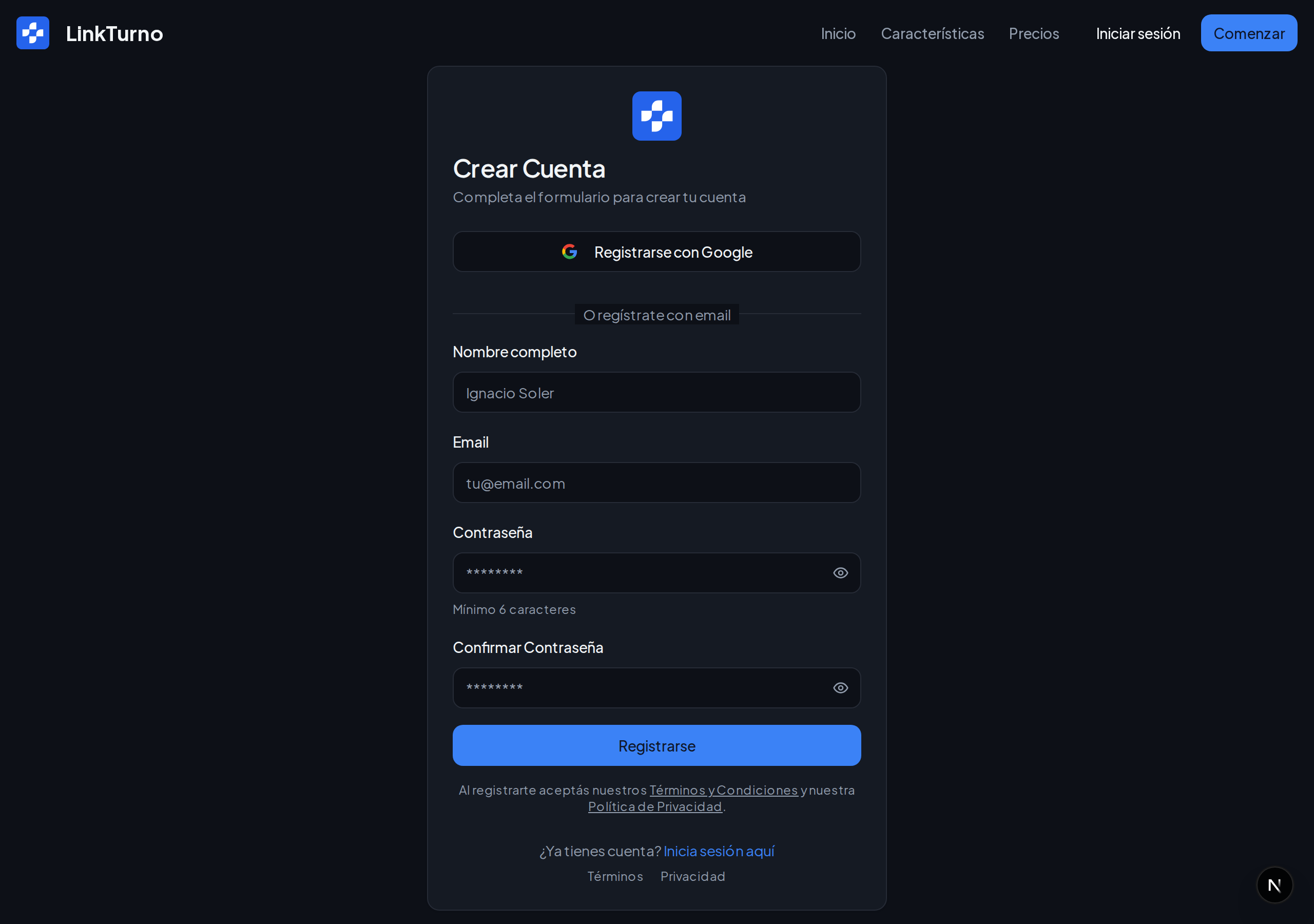 Formulario de registro para crear tu cuenta
